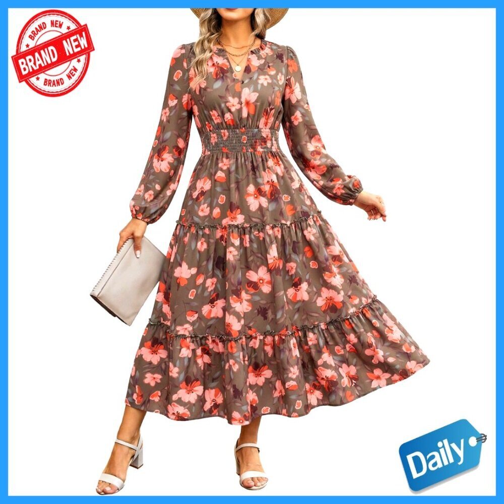 Long Sleeve Midi Dress, Floral Boho A-Line with Pocket, Spring Casual